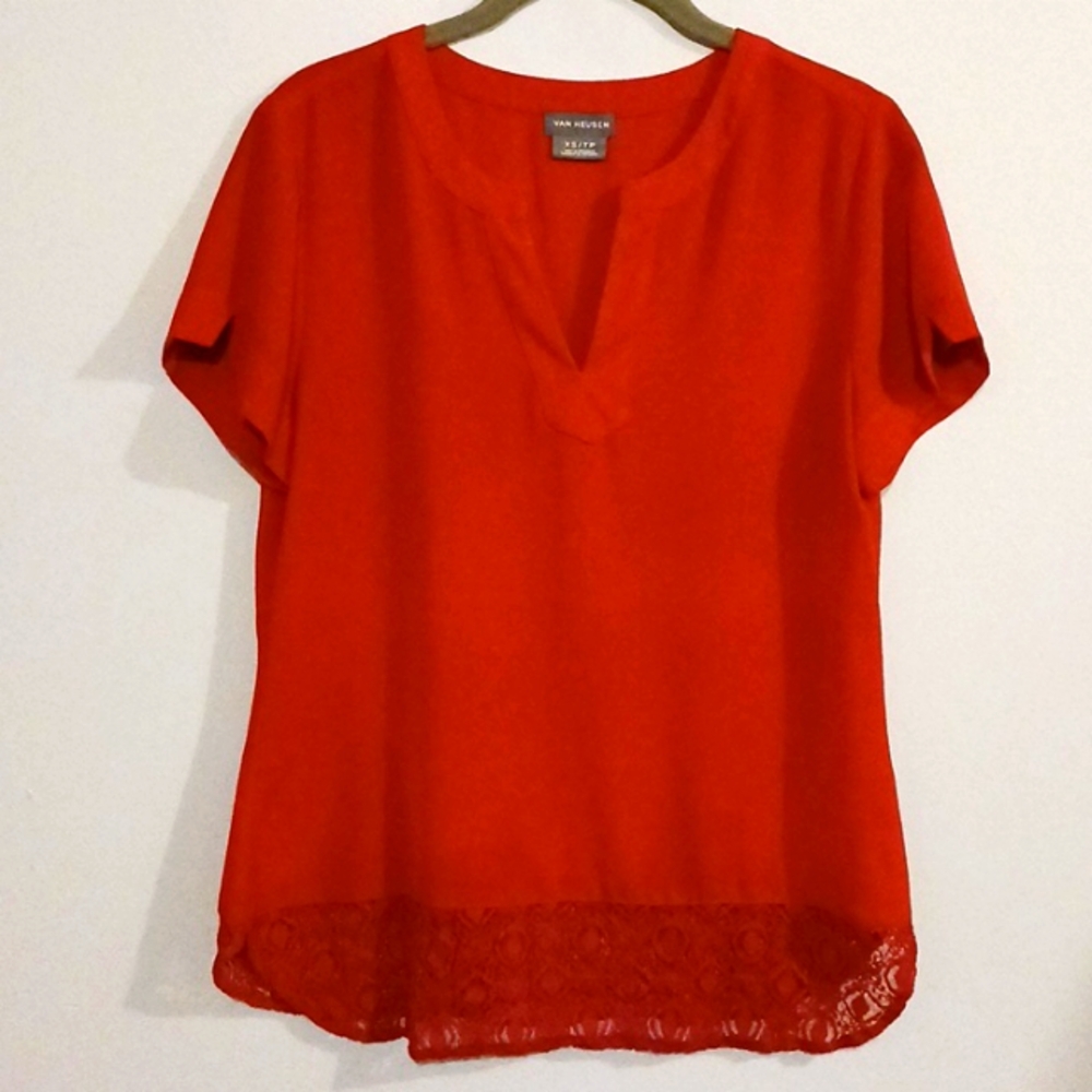 Van Heusen Red Shortsleeve V-neck Lace Hem Blouse Size XS